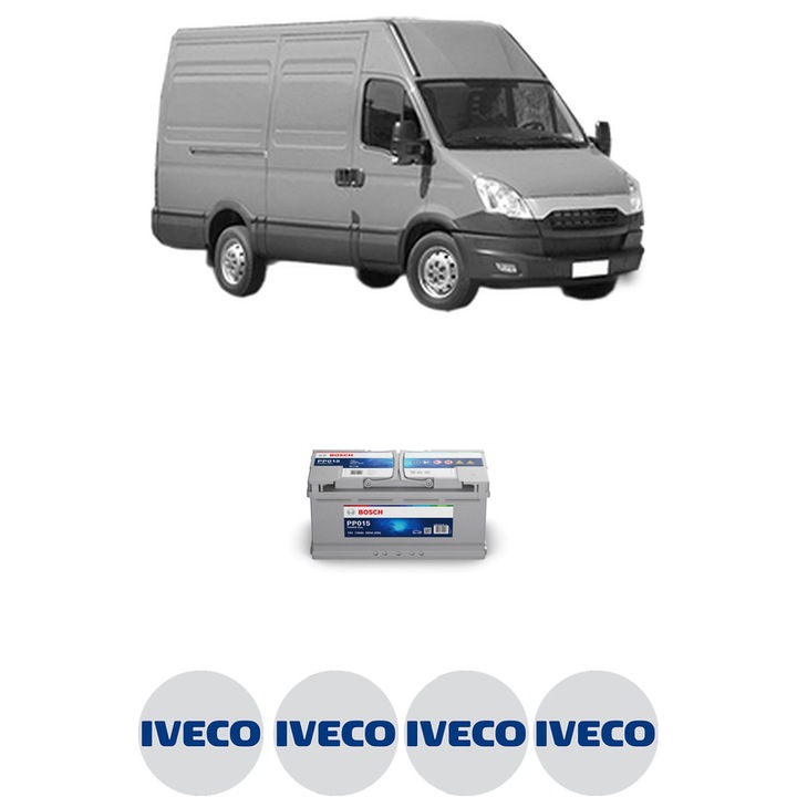 Baterie Acumulator 110 Ah 12 V 950 A IVECO DAILY V Van NaturalPower 35S14, 35C14, 40C14, 50C14, 65C14, 70C14 din 2011-2014 KW 100 CP 136 CMC 2998, auto, Bosch, 4x Stickere auto cu IVECO