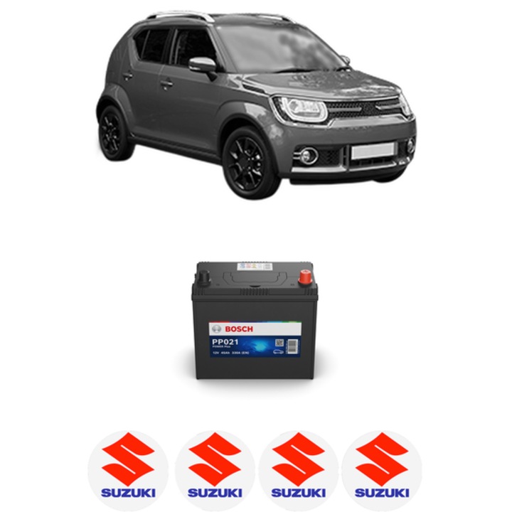 Baterie Acumulator 45 Ah 12 V 330 A SUZUKI IGNIS III (MF, FF) 1.2 Hybrid AllGrip (ATK412) din 2016 KW 66 CP 90 CMC 1242, auto, Bosch, 4x Stickere auto cu SUZUKI