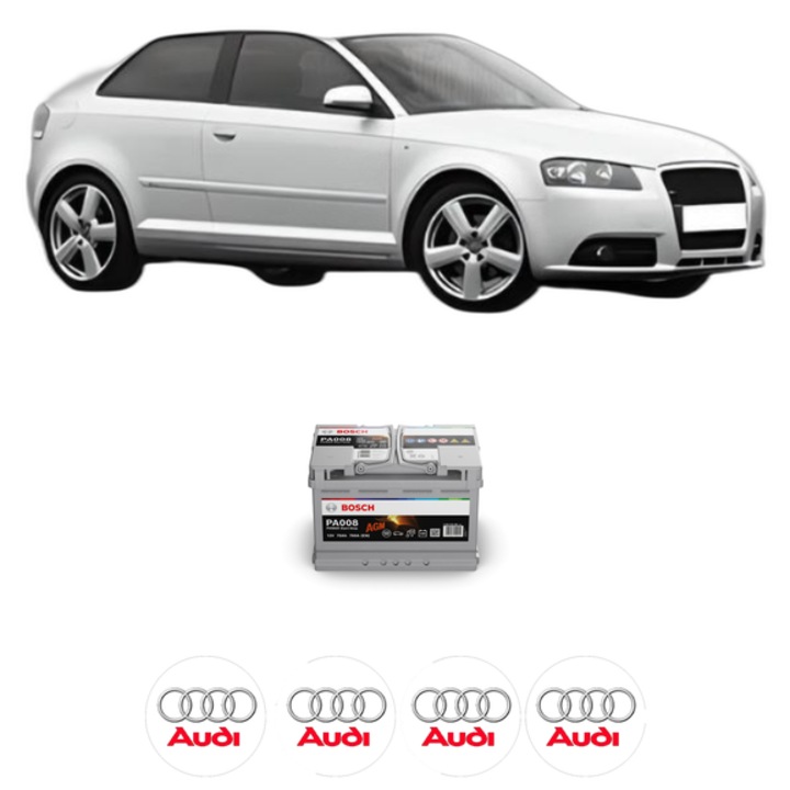 Baterie Acumulator 70 Ah 12 V 760 A AUDI A3 (8P1) 2.0 TDI din 2006-2008 KW 120 CP 163 CMC 1968, auto, Bosch, 4x Stickere auto cu AUDI