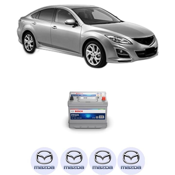Baterie Acumulator 70 Ah 12 V 540 A MAZDA 6 Saloon (GH) 2.2 MZR-CD (GH10) din 2009-2012 KW 136 CP 185 CMC 2184, auto, Bosch, 4x Stickere auto cu MAZDA