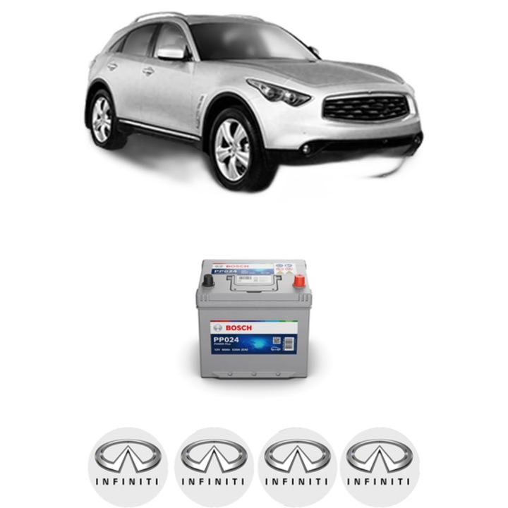 Baterie Acumulator 60 Ah 12 V 520 A INFINITI FX 35 All-wheel Drive din 2003-2008 KW 206 CP 280 CMC 3498, auto, Bosch, 4x Stickere auto cu INFINITI