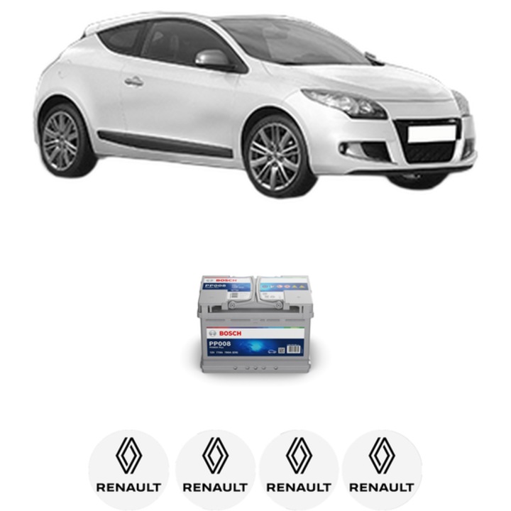Baterie Acumulator 77 Ah 12 V 780 A RENAULT MEGANE III Coupe (DZ0/1_) 2.0 R.S. din 2008-2016 KW 195 CP 265 CMC 1998, auto, Bosch, 4x Stickere auto cu RENAULT