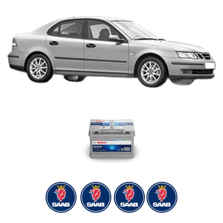 Baterie Acumulator 77 Ah 12 V 780 A SAAB 9-3 (YS3F, E79, D79, D75) 2.0 t BioPower XWD din 2008-2015 KW 154 CP 210 CMC 1998, auto, Bosch, 4x Stickere auto cu SAAB