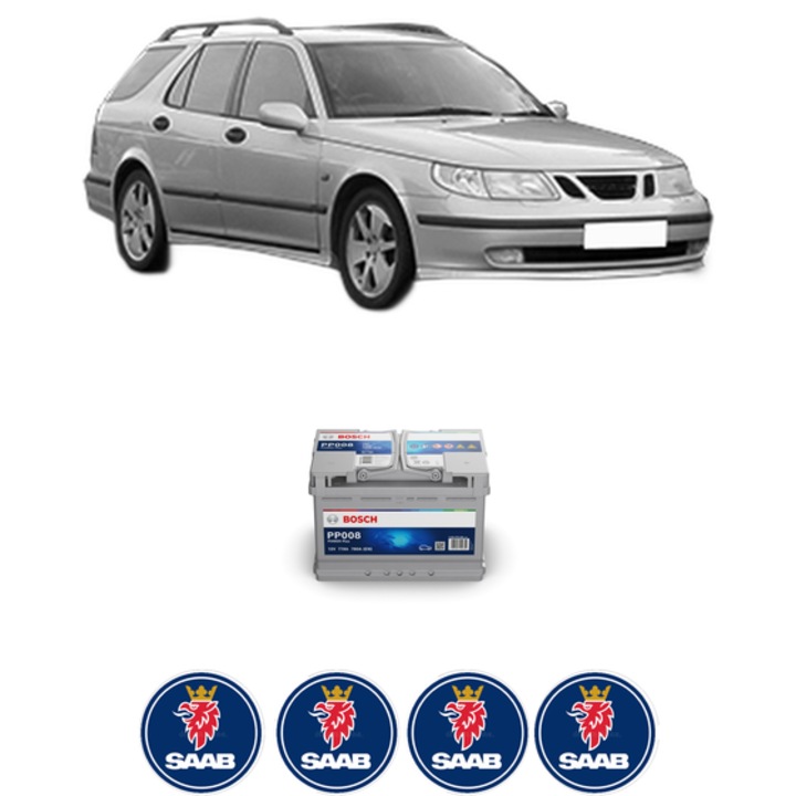 Baterie Acumulator 77 Ah 12 V 780 A SAAB 9-5 Estate (YS3E) 2.3 Turbo din 2003-2009 KW 162 CP 220 CMC 2290, auto, Bosch, 4x Stickere auto cu SAAB