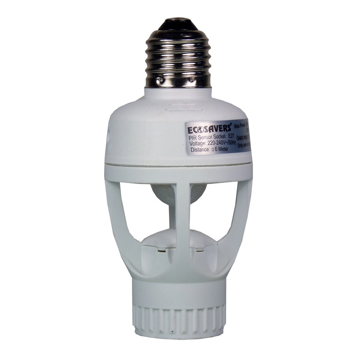 Adaptor E27 cu senzor de miscare PIR EcoSavers, alb, 60W max, 5m raza detectie