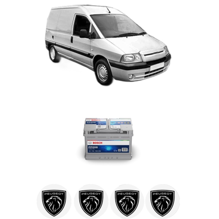 Baterie Acumulator 77 Ah 12 V 780 A PEUGEOT EXPERT Van (222) 2.0 HDI din 2000-2006 KW 80 CP 109 CMC 1997, auto, Bosch, 4x Stickere auto cu PEUGEOT
