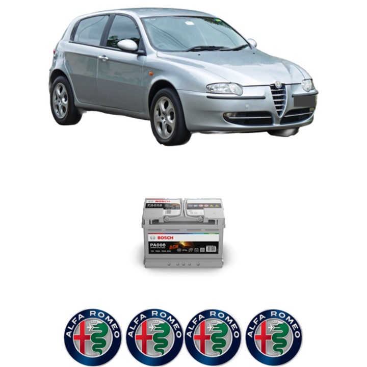 Baterie Acumulator 70 Ah 12 V 760 A ALFA ROMEO 147 (937_) 1.9 JTD 16V (937.AXM1B, 937.AXS1B) din 2004-2010 KW 100 CP 136 CMC 1910, auto, Bosch, 4x Stickere auto cu ALFA ROMEO