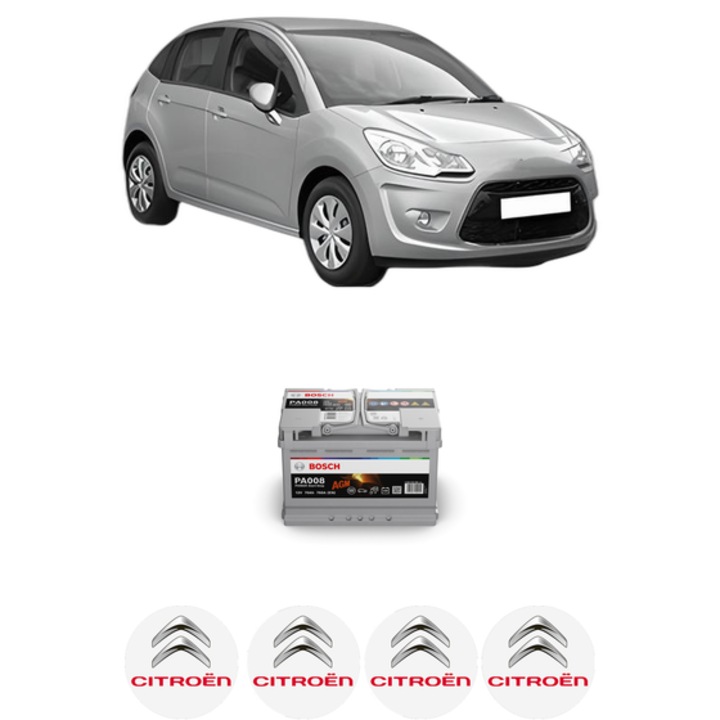 Baterie Acumulator 70 Ah 12 V 760 A CITROEN C3 II (SC_) 1.6 HDi 90 din 2009-2016 KW 66 CP 90 CMC 1560, auto, Bosch, 4x Stickere auto cu CITROEN