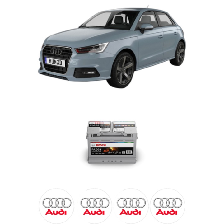 Baterie Acumulator 70 Ah 12 V 760 A AUDI A1 Sportback (GBA) 25 TFSI din 2018 KW 70 CP 95 CMC 999, auto, Bosch, 4x Stickere auto cu AUDI