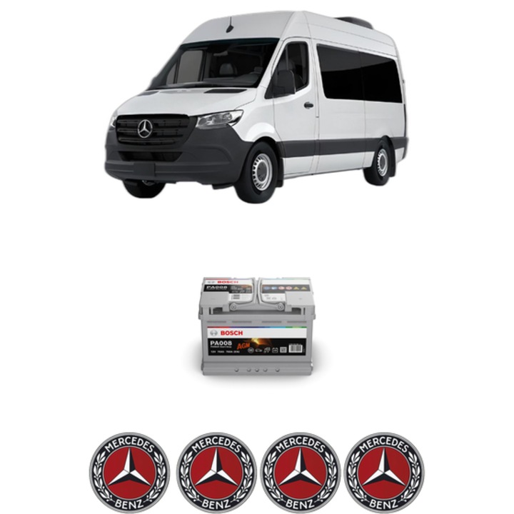 Baterie Acumulator 70 Ah 12 V 760 A MERCEDES-BENZ SPRINTER 3, 5-t Tourer Bus (B907) 311 CDI (907.731, 907.733, 907.735) din 2021 KW 84 CP 114 CMC 1950, auto, Bosch, 4x Stickere auto cu MERCEDES-BENZ