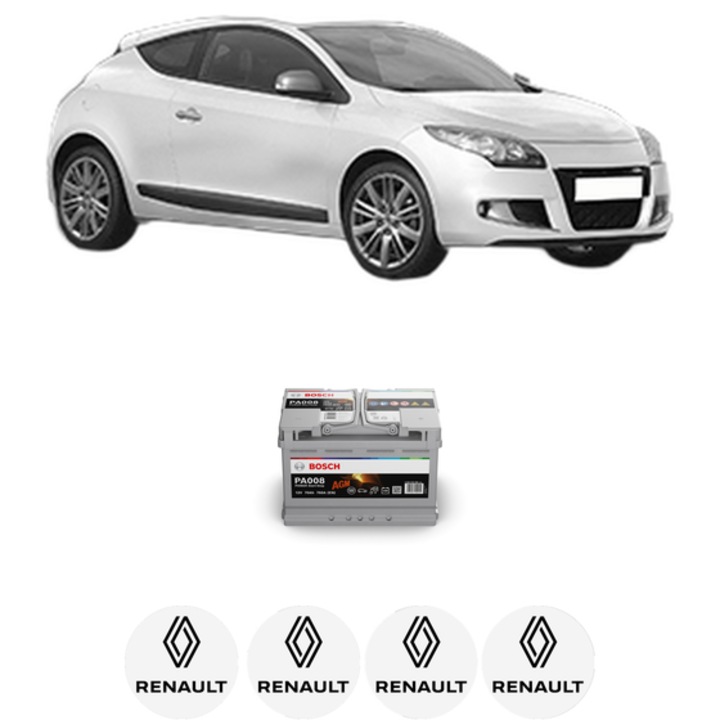 Baterie Acumulator 70 Ah 12 V 760 A RENAULT MEGANE III Coupe (DZ0/1_) 1.5 dCi (DZ09, DZ0D, DZ1F, DZ1G, DZ14, DZ29) din 2009-2015 KW 81 CP 110 CMC 1461, auto, Bosch, 4x Stickere auto cu RENAULT