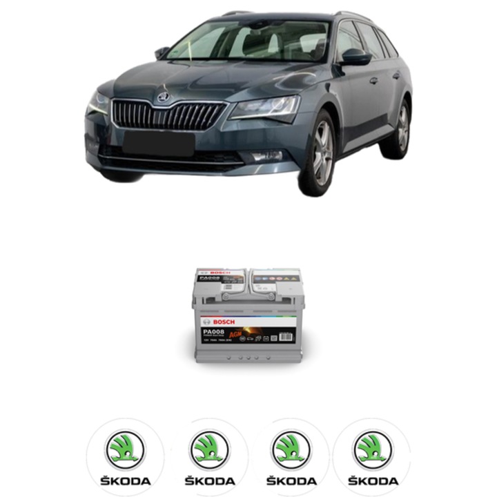 Baterie Acumulator 70 Ah 12 V 760 A SKODA SUPERB III Estate (3V5) 2.0 TSI din 2020-2024 KW 140 CP 190 CMC 1984, auto, Bosch, 4x Stickere auto cu SKODA