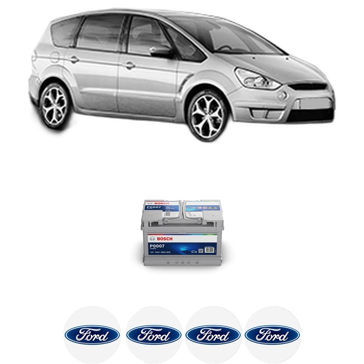 Baterie Acumulator 72 Ah 12 V 680 A FORD S-MAX (WA6) 2.0 EcoBoost din 2010-2014 KW 176 CP 240 CMC 1999, auto, Bosch, 4x Stickere auto cu FORD