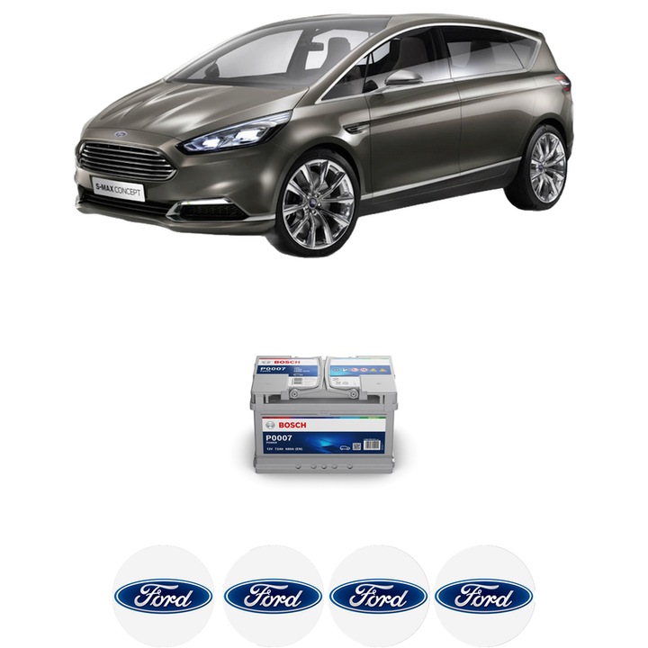 Baterie Acumulator 72 Ah 12 V 680 A FORD S-MAX (CJ, WA6) 2.0 EcoBlue BI-Turbo din 2018 KW 176 CP 240 CMC 1995, auto, Bosch, 4x Stickere auto cu FORD