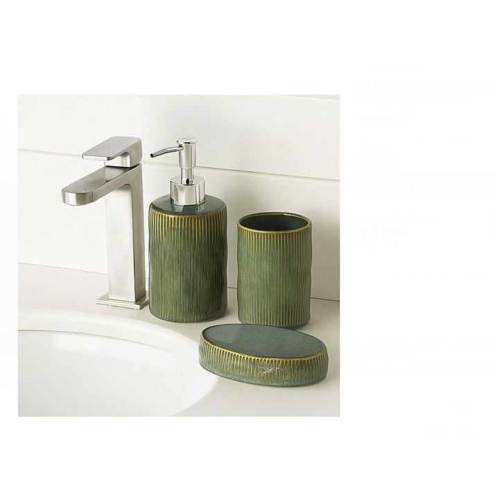 Set de baie, 3 piese verde, ceramica eleganta – dozator, savoniera, suport periute