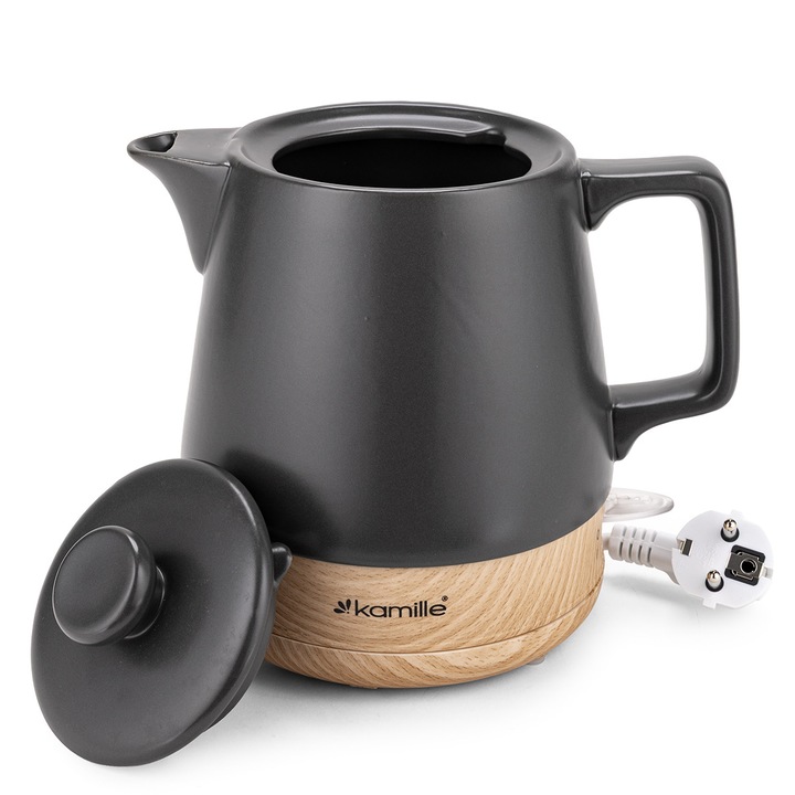 Fierbator Electric, Ceainic Ceramic Kamille, 1200W, 1L, Baza Rotativa, Design Scandinav, Negru Mat - KM1729