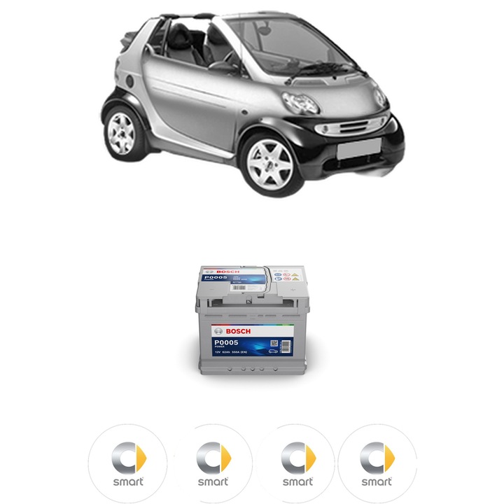 Baterie Acumulator 62 Ah 12 V 550 A SMART CABRIO (450) 0.8 CDI (S1OLC1, 450.401, 450.402, 450.403, 450.400) din 2001-2004 KW 30 CP 41 CMC 799, auto, Bosch, 4x Stickere auto cu SMART