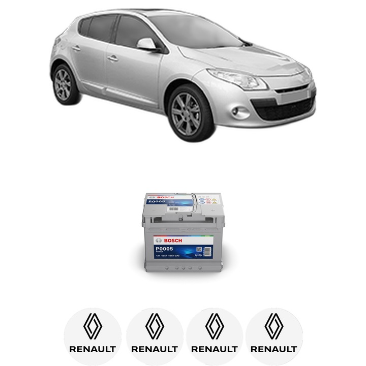 Baterie Acumulator 62 Ah 12 V 550 A RENAULT MEGANE III Hatchback Van (BZ_) 1.5 dCi (BZ0D, BZ1G, BZ1F, BZ1M, BZ1W, BZ0R, BZ10) din 2009-2015 KW 81 CP 110 CMC 1461, auto, Bosch, 4x Stickere auto cu RENAULT