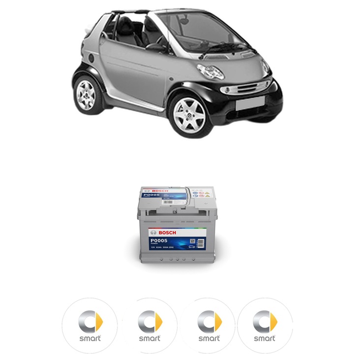 Baterie Acumulator 62 Ah 12 V 550 A SMART FORTWO Cabrio (450) 0.8 CDI (450.401, 450.402, 450.403, 450.400) din 2004-2007 KW 30 CP 41 CMC 799, auto, Bosch, 4x Stickere auto cu SMART