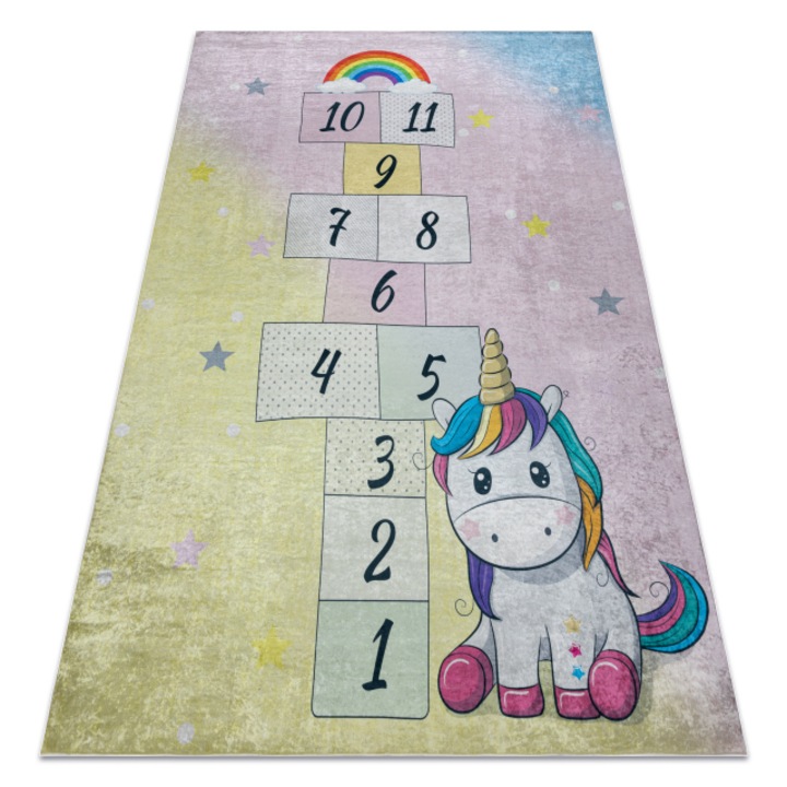BAMBINO DYWANY ŁUSZCZÓW 54060 covor lavabil Inorog, hopscotch pentru copii anti-alunecare - roz / galben, 200x290 cm