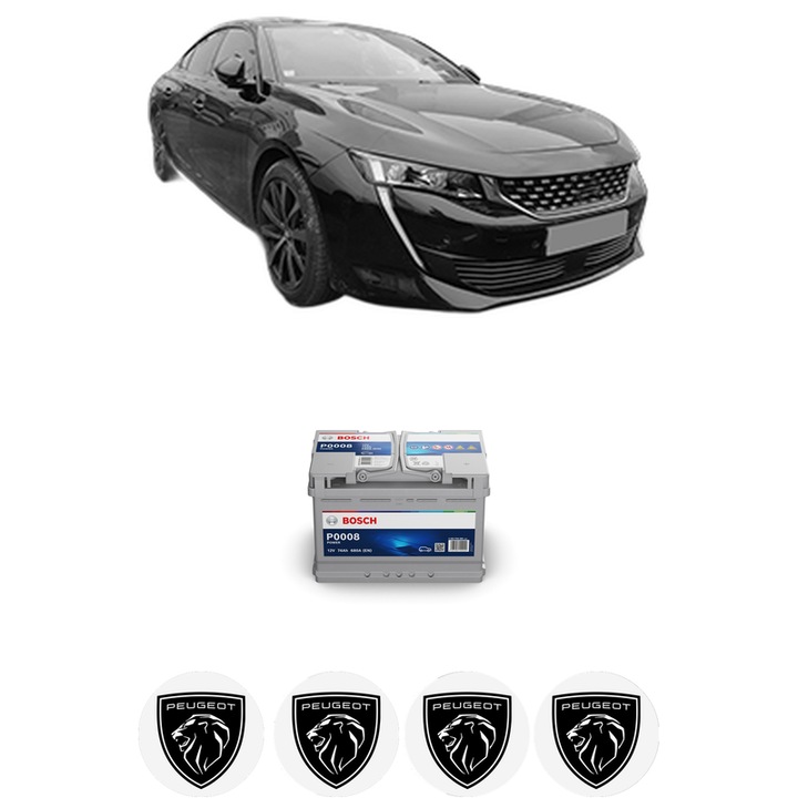 Baterie Acumulator 74 Ah 12 V 680 A PEUGEOT 508 II (FB_, FH_, F3_) 2.0 BlueHDI 180 (FHEHZR, FHEHZN) din 2018 KW 130 CP 177 CMC 1997, auto, Bosch, 4x Stickere auto cu PEUGEOT