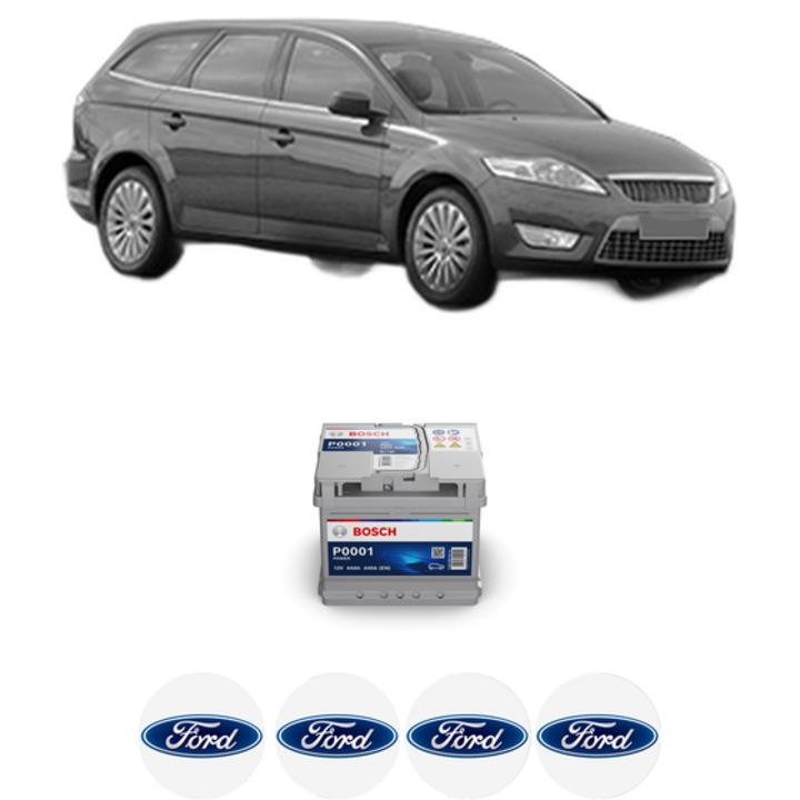 Baterie Acumulator 44 Ah 12 V 440 A FORD MONDEO IV Turnier (BA7) 1.6 Ti din 2007-2010 KW 92 CP 125 CMC 1596, auto, Bosch, 4x Stickere auto cu FORD