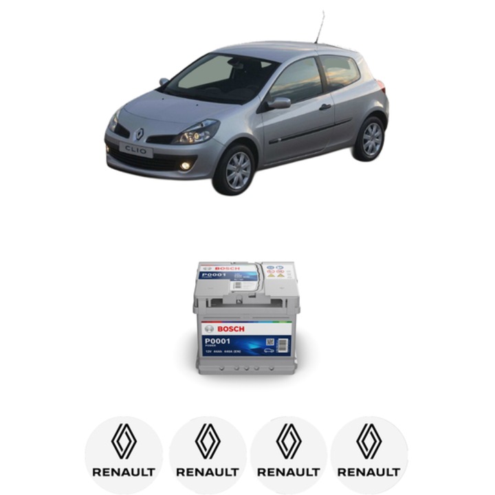 Baterie Acumulator 44 Ah 12 V 440 A RENAULT CLIO III (BR0/1, CR0/1) 1.2 16V (BR02, BR0J, BR11, CR02, CR0J, CR11) din 2005-2014 KW 55 CP 75 CMC 1149, auto, Bosch, 4x Stickere auto cu RENAULT
