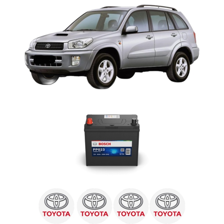 Baterie Acumulator 45 Ah 12 V 330 A TOYOTA RAV 4 II (_A2_) 2.0 4WD (ACA21, ACA20) din 2000-2005 KW 110 CP 150 CMC 1998, auto, Bosch, 4x Stickere auto cu TOYOTA