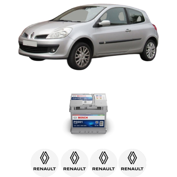 Baterie Acumulator 44 Ah 12 V 440 A RENAULT CLIO III Hatchback Van (SB_, SR_) 1.2 (SR0J) din 2005-2014 KW 55 CP 75 CMC 1149, auto, Bosch, 4x Stickere auto cu RENAULT
