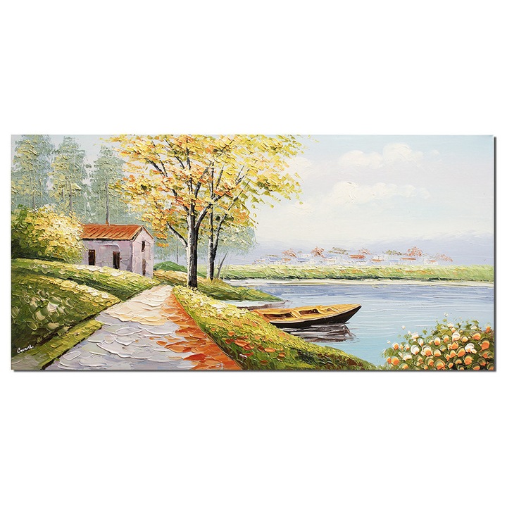 Tablou 3D living peisaj pictat manual, Calmitate, 120x60cm ulei pe panza in cutit, Leonard Covaci