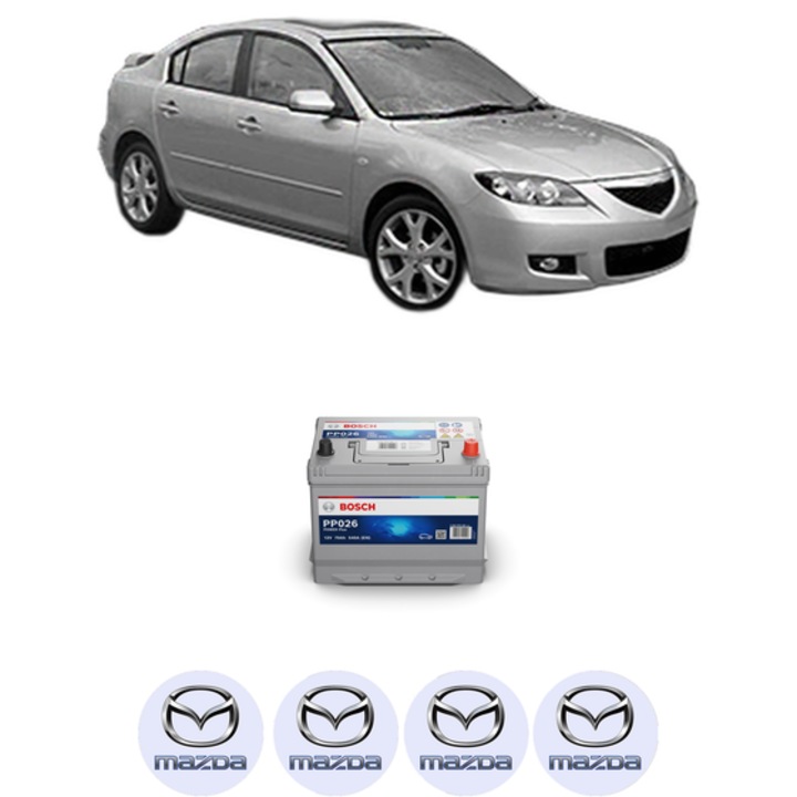 Baterie Acumulator 70 Ah 12 V 540 A MAZDA 3 Saloon (BK) 1.6 DI Turbo (BK12Y) din 2004-2009 KW 80 CP 109 CMC 1560, auto, Bosch, 4x Stickere auto cu MAZDA
