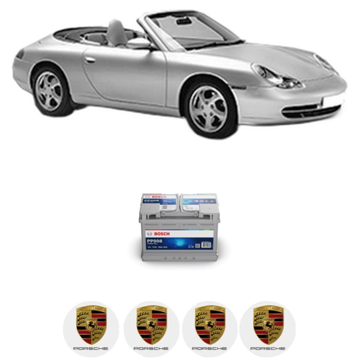 Baterie Acumulator 77 Ah 12 V 780 A PORSCHE 911 Convertible (996) 3.6 Carrera S din 2002-2005 KW 254 CP 345 CMC 3596, auto, Bosch, 4x Stickere auto cu PORSCHE