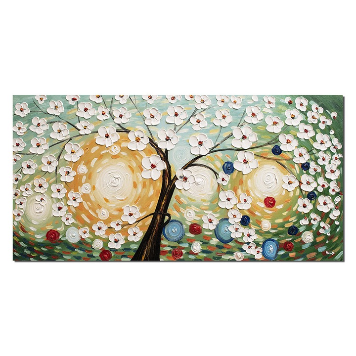 Tablou Copacul vietii cu flori albe, pictat manual 120x60cm ulei pe panza in relief efect 3D, Marius Maxim