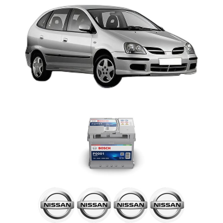 Baterie Acumulator 44 Ah 12 V 440 A NISSAN ALMERA TINO (V10) 2 din 2000-2003 KW 100 CP 136 CMC 1998, auto, Bosch, 4x Stickere auto cu NISSAN