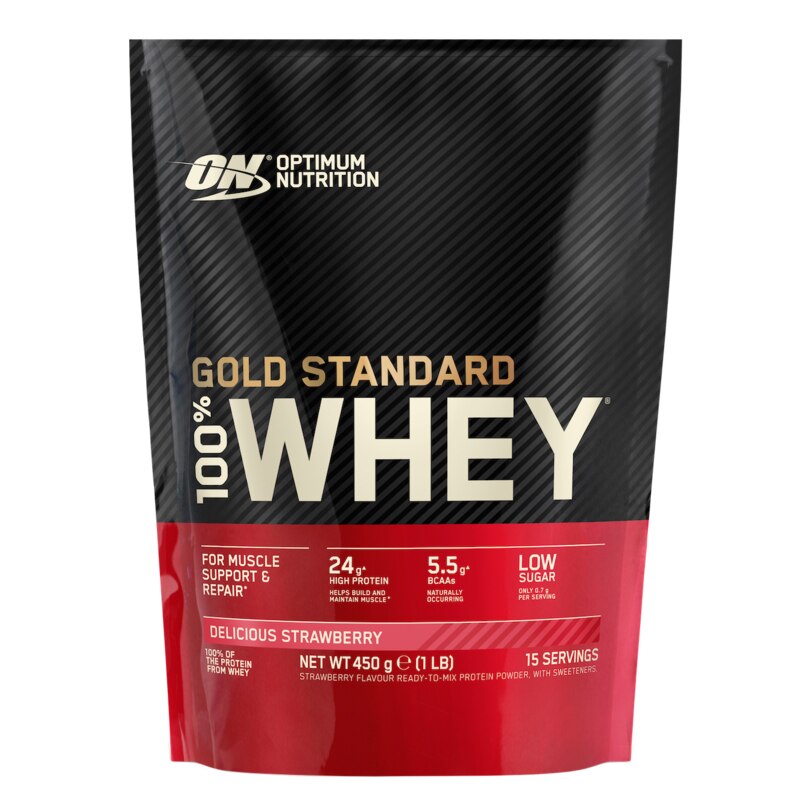 Proteine din zer, pudra proteica, Optimum Nutrition ON 100% Whey Gold Standard protein, capsuni, 450g