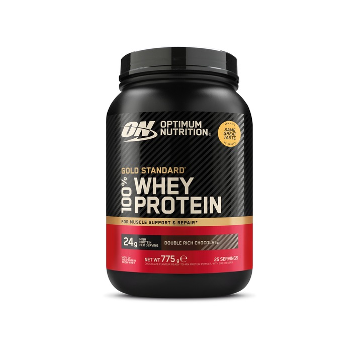 Хранителна добавка Optimum Nutrition 100% Whey Gold Standard Double Rich Chocolate, Енергизираща, 896 гр