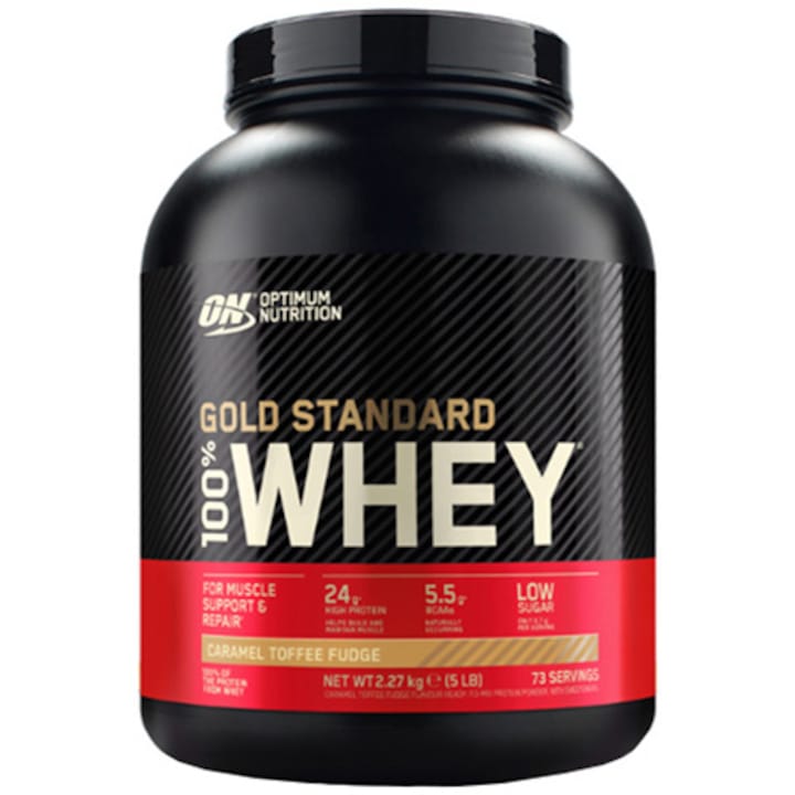 Хранителна добавка Optimum Nutrition 100% Whey Gold Standard Caramel Toffee Fudge, Енергизираща, 2.244 кг