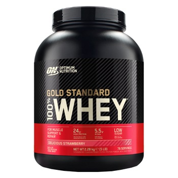 Proteine din zer, pudra proteica, Optimum Nutrition ON 100% Whey Gold Standard protein, capsuni, 2.27 kg Proteine din zer, pudra proteica, Optimum Nutrition ON 100% Whey Gold Standard protein, capsuni, 2.27 kg
