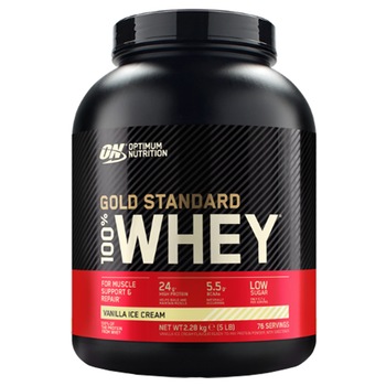 Proteine din zer, pudra proteica, Optimum Nutrition ON 100% Whey Gold Standard protein, vanilie, 2.27 kg