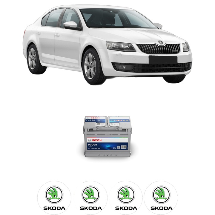 Baterie Acumulator 74 Ah 12 V 680 A SKODA OCTAVIA III (5E3, NL3, NR3) 2.0 TDI din 2012-2020 KW 110 CP 150 CMC 1968, auto, Bosch, 4x Stickere auto cu SKODA