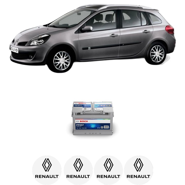 Baterie Acumulator 72 Ah 12 V 720 A RENAULT CLIO III Grandtour (KR0/1_) 1.5 dCi din 2010-2012 KW 55 CP 75 CMC 1461, auto, Bosch, 4x Stickere auto cu RENAULT