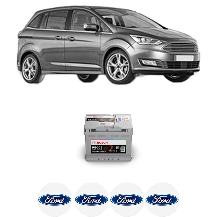 Baterie Acumulator 60 Ah 12 V 640 A FORD C-MAX II Van 1.0 EcoBoost din 2012-2019 KW 92 CP 125 CMC 998, auto, Bosch, 4x Stickere auto cu FORD