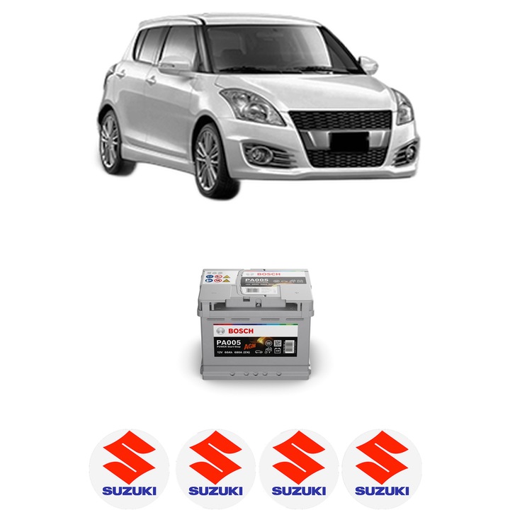 Baterie Acumulator 60 Ah 12 V 680 A SUZUKI SWIFT IV (FZ, NZ) 1.2 4x4 (AZG412, ZD72S) din 2010 KW 66 CP 90 CMC 1242, auto, Bosch, 4x Stickere auto cu SUZUKI