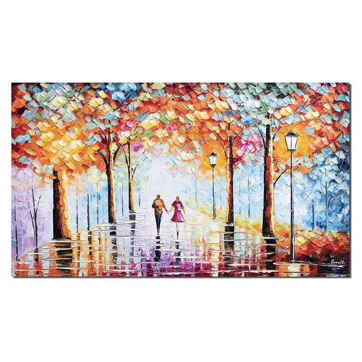 Tablouri pictate manual living, Noi doi pe aleea vietii, 120x70cm ulei pe panza in cutit efect 3D, Leonard Covaci