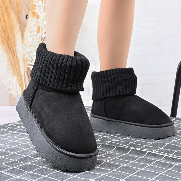 Cizme de dama, tip Ugg, Din piele ecologica intoarsa, imblanite, CD1055,, Negru