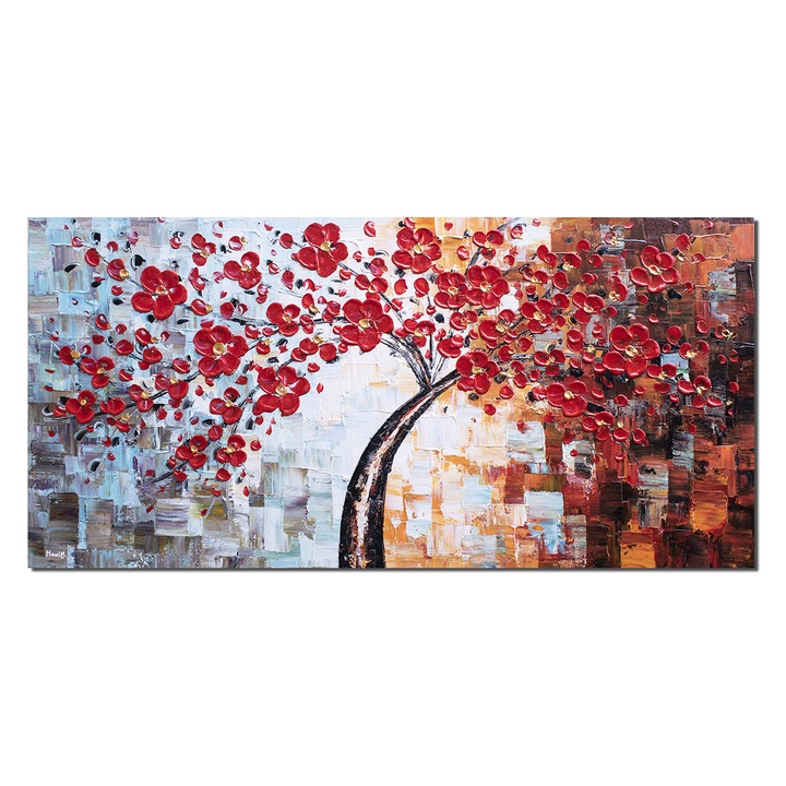 Tablou gigant 3D Copacul vietii cu flori rosii, pictat manual 140x70cm ulei pe panza, Marius Maxim