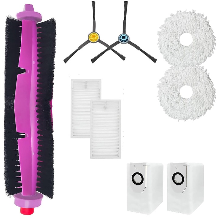 Set accesorii PAA-home, compatibile cu aspiratorul Midea V10/ V12/ W11, continut: 2 lavete, 2 filtre, 2 perii laterale negre, 1 perie central si 2 saci praf