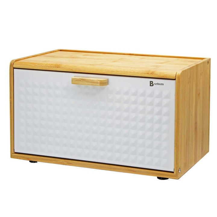 Cutie pentru paine Brunbeste, bambus, 37x20,5x22cm, design modern, capac din otel alb