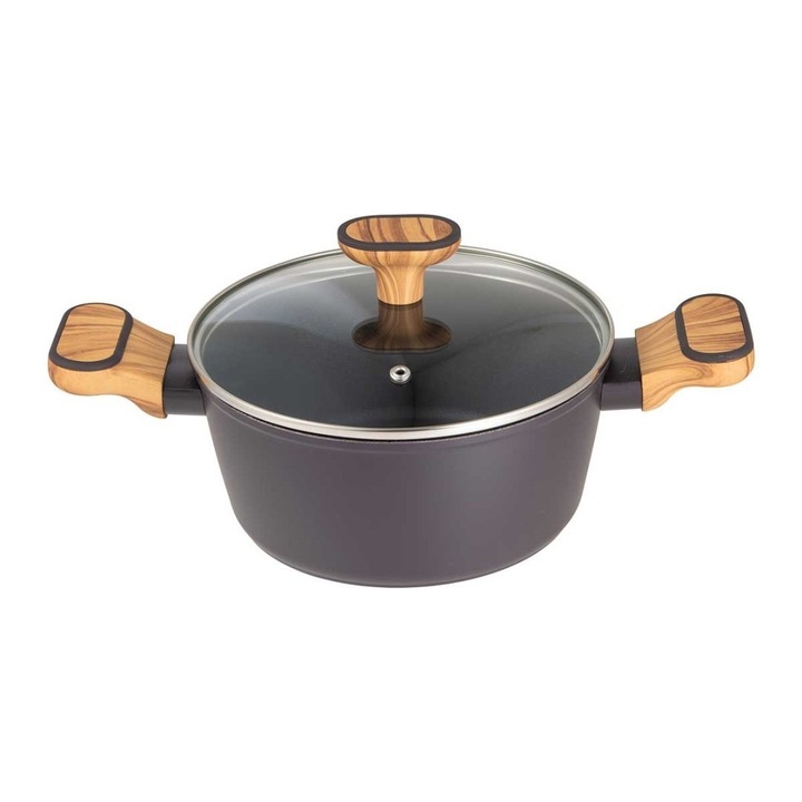 Oala, Bergner, 20 cm, 2,3 L, cu capac din sticla, culoare negru/maro