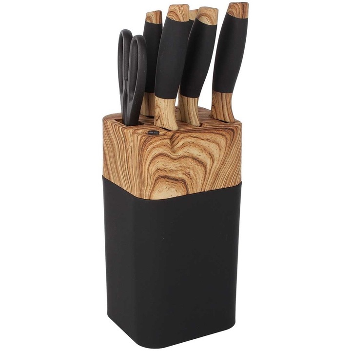 Set 5 cutite de bucatarie Brunbeste cu suport si ascutitor, inox, antiderapante, 31,5x19,5cm